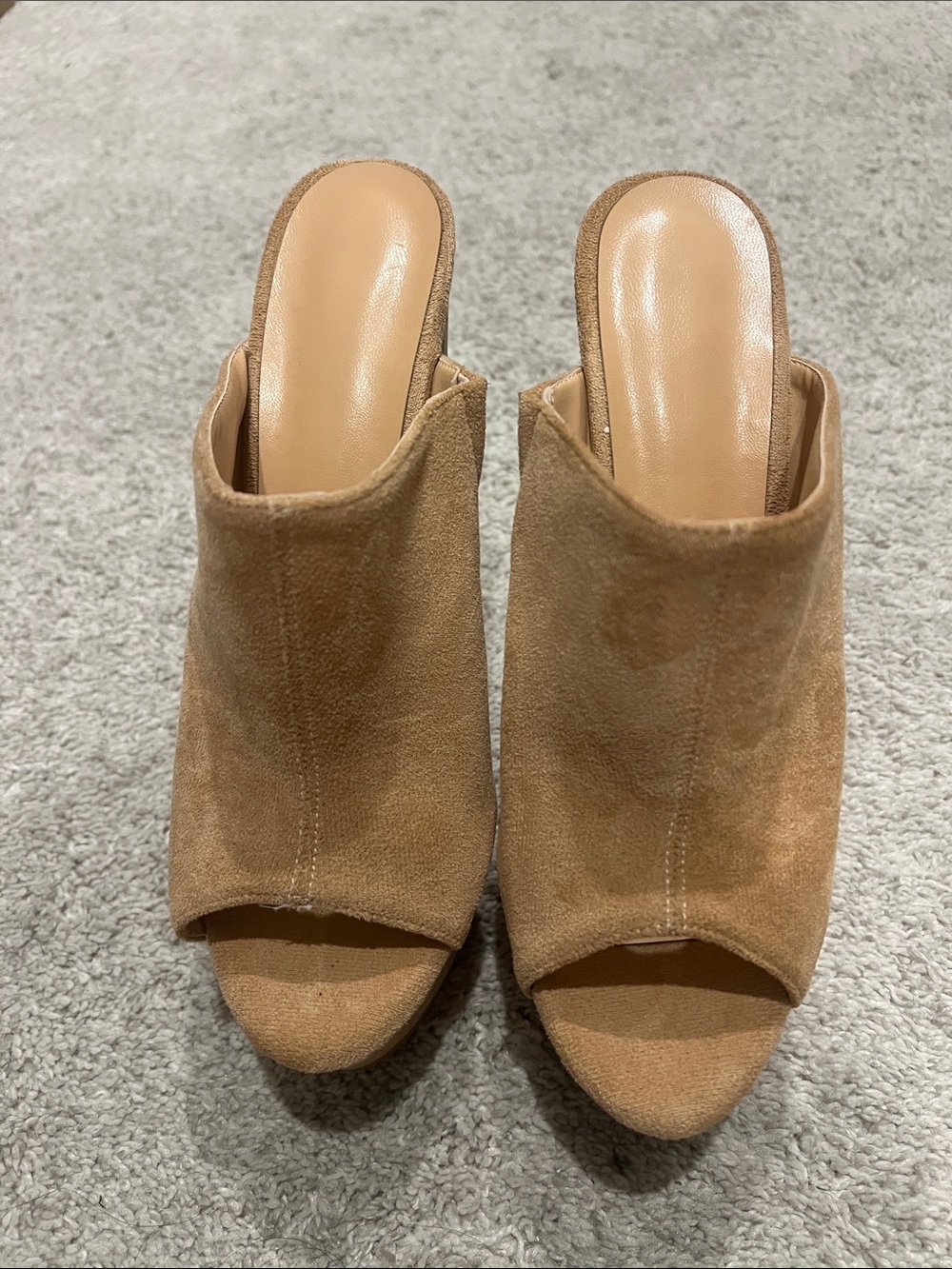 Women’s Tan Suede Open-Toe Mule Heels - Neutral Slide super wedge